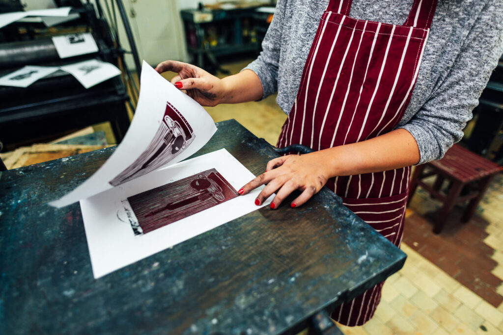 linocut. printing on the machine