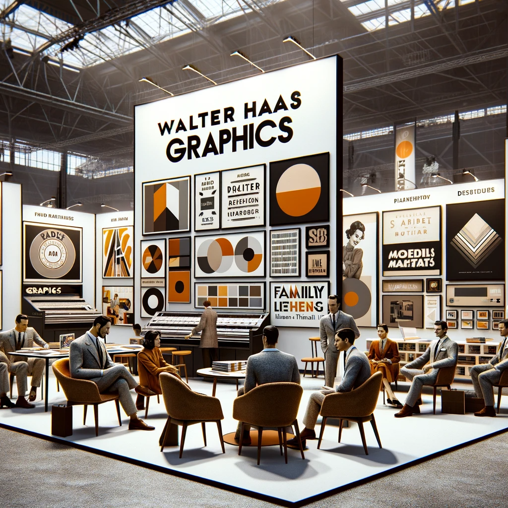 DALL·E 2023-12-11 16.30.37 - A refined trade show scene for Walter Haas Graphics, showcasing a family-oriented, modern, and mid-century chic aesthetic, with a focus on design elem